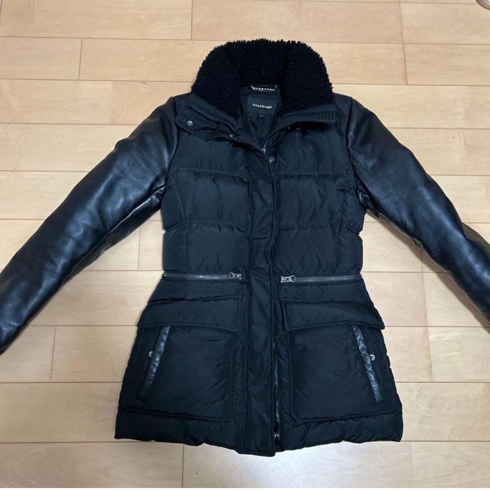 Mackage Black Puffer Jacket with Leather Sleeves